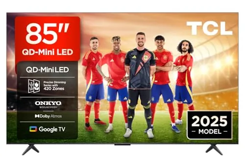 TCL 85Q6C Televisor 85 Pulgadas QD-Mini LED 4K Smart TV, 1000 nits, 144Hz Motion Clarity Pro, Onkyo 2.1, Game Master, FreeSync, Google TV, Dolby Vision IQ y Atmos