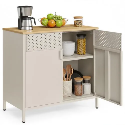 SONGMICS Armario de Almacenamiento, Aparador de Metal, Doble Puerta Magnética, Estante Ajustable, Marco de Acero, 40 x 80 x 76 cm, Beige Arena y Beige Natural LSC102L01