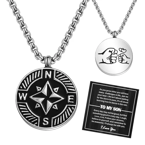 YELUWA Collar, regalo para hijo con brújula, collar forjado en acero inoxidable para hombre, negro y plata