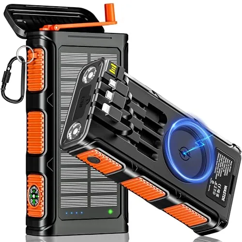 26800mAh Power Bank Solar Inalámbrico con Manivela y 4 Cables, Carga Rápida