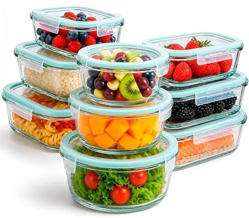edihome, Recipientes de Cristal para alimentos, 18 Piezas (9 recipientes + 9 tapas), para Comida Hermetico, Apto para lavavajillas, congelador, microondas, sin BPA (9 Recipientes)
