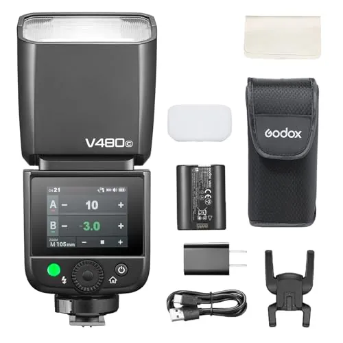Godox V480-C Flash para Canon, TTL, GN50 de Alta Potencia, Control por Pantalla táctil, Carga USB-C, Tiempo de Reciclado de 1,7s, 650 Destellos de máxima Potencia, 2,4G X inalámbrico, 1/8000s HSS