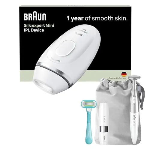 Braun Depiladora Luz Pulsada Silk·expert Mini, IPL, Depilación Láser en Casa, Depiladora Laser con Funda, Mini Depiladora Facial, Recortadora para Zona de Bikini Y Maquinilla Venus, PL1115