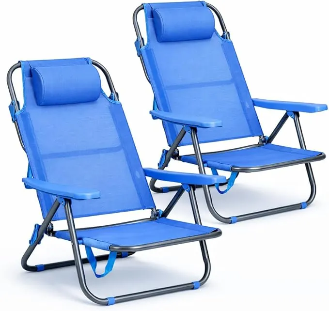 T-LOVENDO.ES Pack de 2 Sillas de Playa Reclinables Plegables con Reposacabezas | Sillas Portátiles para Jardín, Camping, Piscina, Terraza | Estructura de Acero Ligera y Tela Transpirable Resistente