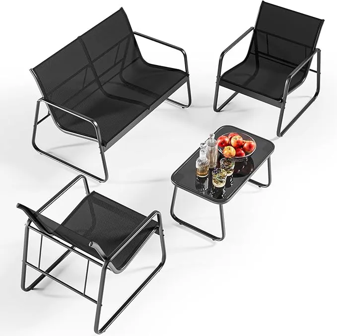 Bealife Conjunto de Muebles de jardín de 4 Piezas, Conjunto de Patio de Tela Teslin, Incluye 3 sillones y 1 Mesa de Vidrio, Adecuado para Patios, Jardines y Espacios al Aire Libre (Negro)