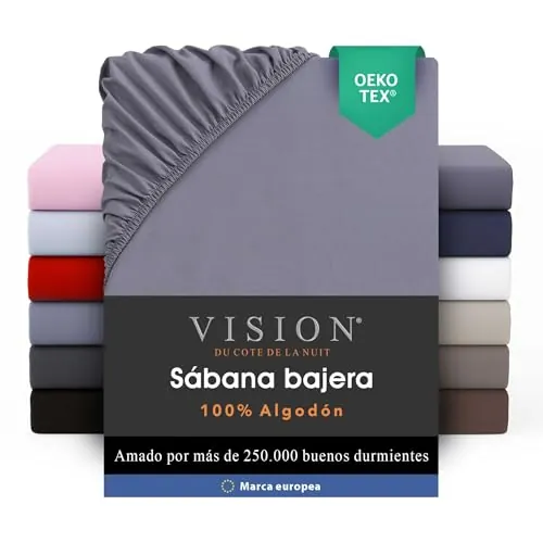 VISION Sábana Ajustable - 100% algodón - Cama Individual (90 x 190 cm) - Esquinas elásticas - Se Adapta a colchones de hasta 25 cm - Certificación Oeko-Tex - Lavable a máquina - Color: Gris