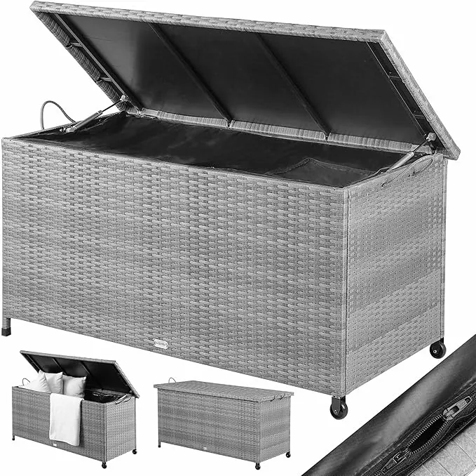 CASARIA® Baúl de Almacenamiento Exterior XXL 270L 117x53x60cm Poliratán Gris 2 Ruedas y Asas Arcón de Jardín