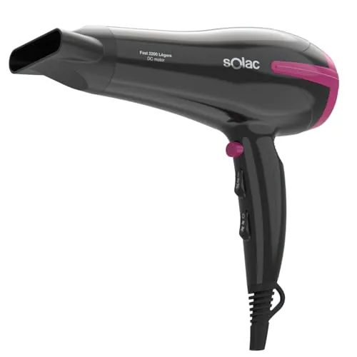 Solac - Secador de Pelo Fast 2200 Légere, 2200W, Ultra Ligero 340 g, 2 Velocidades + 3 Temperaturas, Aire Frío, Secado Rápido, Cable 180 cm, Mango Ergonómico, Filtro Extraíble