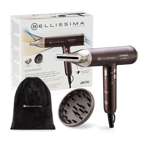 Bellissima Ceramisonic 21014, Secador de Pelo Digital 1700W, 228 km/h, Motor Digital Alta Velocidad, Tecnología Ion Ceramic Hi-Pro Antifrizz, Ultraligero 300 g, Silencioso, Incluye Difusor