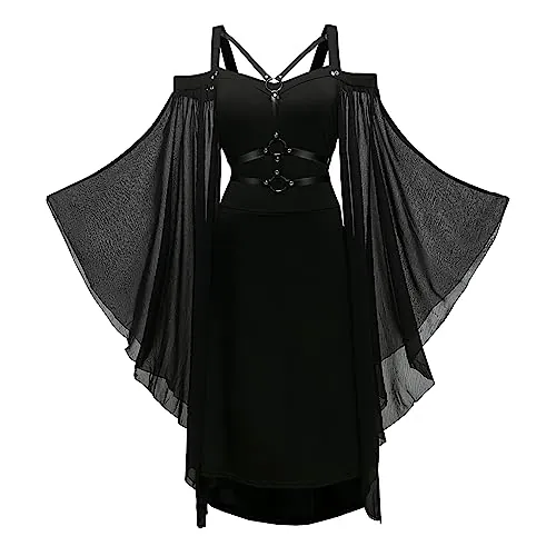 CNVAUIE Disfraz renacentista para mujer, vestido medieval con mangas de trompeta, gótico, vestido maxi para carnaval, Halloween, fiesta (Negro02, XL)
