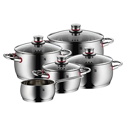 WMF Quaity One - Batería de Cocina 9 Piezas, Acero Inoxidable Apto para Inducción, 1 Cacerola Baja de 20 cm, 3 Cacerolas Altas de 16 cm, 20 cm y 24 cm, 1 Cazo 16 cm con 4 Tapas de Cristal