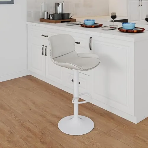 Youhauchair Taburetes Altos de Cocina, Taburete de Bar Regulable en Altura en Cuero PU, Taburete Alto con Respaldo y Reposapiés, Taburete Cocina Giratorio, Moderno, Blanco