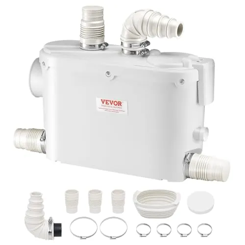 VEVOR Bomba de Eliminación de Triturador 500 W Bomba de Aguas Residuales Caudal Máximo de 6600 L/h Elevación de 8 m Bomba Trituradora de Alcantarillado con 3 Entradas de Agua para Inodoro Cocina Ducha