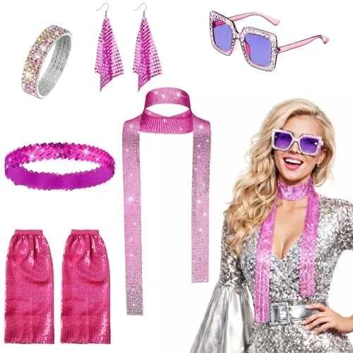MUNSKT 70s 80s Disco Golden Accessories Set,Frame Bling Sunglasses Earrings Headband Pulsera Leg Warmers,6 piezas Abba Accessories Set,Retro Disco Fancy Dress Kit for Women for Theme Party (Pink)