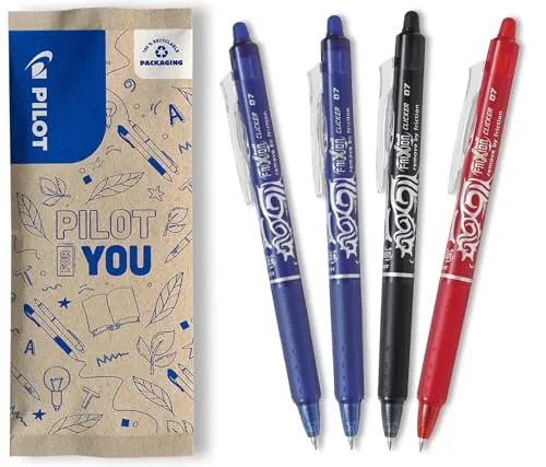 PILOT - Caja de 4 Bolígrafos FriXion Ball Clicker 07 - Bolígrafo Borrable con Tinta Termosensible - Bolígrafo Roller Retráctil y Recargable - 2 Azules, 1 Negro, 1 Rojo - Punta Media