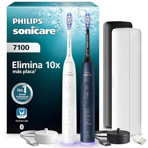 Philips Sonicare 7100 cepillo dental eléctrico, sónico con 4 modos de cepillado y 3 niveles de intensidad, EasyStart, blanco y azul marino, paquete de 2, HX7429/01 [Nueva Tecnología]