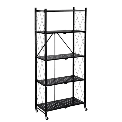 Estantería Plegable de Metal con Ruedas | Mueble Organizador con 5 estantes Resistentes y Estructura Reforzada | Diseño portátil, fácil de Montar y versátil para Cocina, Oficina, Garaje o Dormitorio