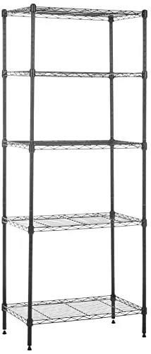 Amazon Basics Unidad de almacenamiento estrecha de 5 baldas con estantes ajustables en altura y patas niveladoras, sin ruedas, Negro, 58.9 cm x 34 cm x 152.4 cm (D x W x H)