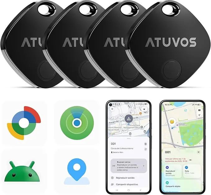 ATUVOS Air Tag Pro Smart Tag Tracker para Android & iOS, Dual Sistema Buscador de Objetos Compatible con Google Localizador o Apple Buscar App, para Llaves/Equipaje/Maleta.Batería Reemplazable.4 Pack