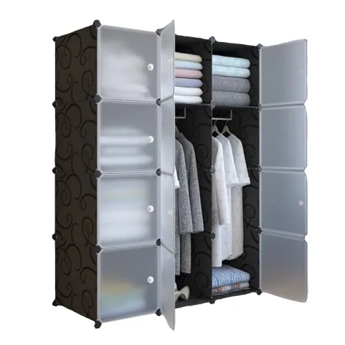 XOKOTAKI Armario Modular, Estantería de Módulos, Organizador Modular de Ropa Ropero para Hogar, Estante de Almacenamiento para Dormitorio, 12 Módulos, 2 Barras, 140x105 cm, Color Negro