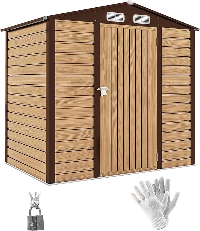 Outsunny Caseta de Jardín Exterior, 2,27 m² 190x131x188 cm, Cobertizo de Jardín Exterior Metálico con 2 Ventilaciones, Puerta con Cerradura, para Almacenamiento de Herramientas, Roble