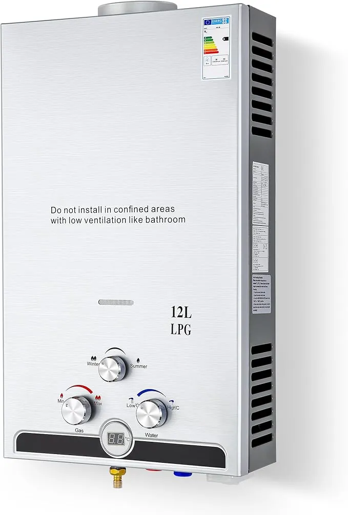 CO-Z 12 L Calentador de Agua Butano Calentador de Agua LPG Instantáneo, Certificado CE, Calentador de Agua de Gas Licuado de Petróleo sin Tanque (12 L)