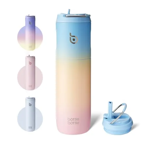 BOTTLE BOTTLE - Botella de agua aislada de 680,4 g con tapa de paja y asa para deportes, viajes, gimnasio, acero inoxidable, doble pared, a prueba de fugas, sin BPA (azulamarillorosa)
