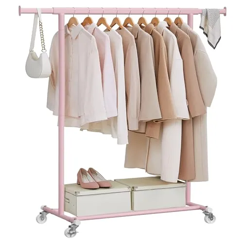 SONGMICS Burro Ropa con Ruedas, Perchero Burro Extensible con Carga Pesada, Capacidad de Carga Máx. de 100 kg, Fácil de Montar, Portátil, Rosa Jalea HSR013R01
