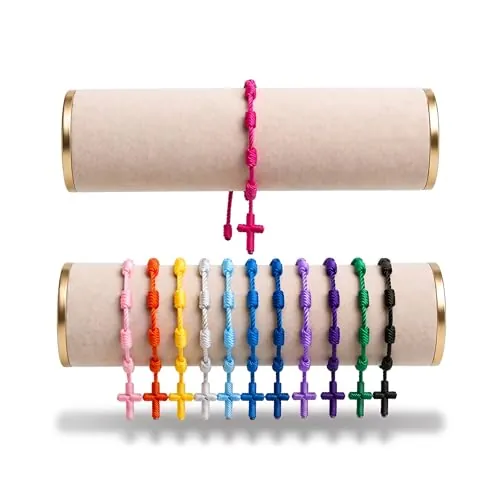 BRACO Pack 12 Pulseras Decenario Rosario Ajustables Hechas a Mano – Pulsera Rosario con Cruz Tejida de Hilo – Pulseras Religiosas para Oración Hombre Mujer Niño – Colores Surtidos