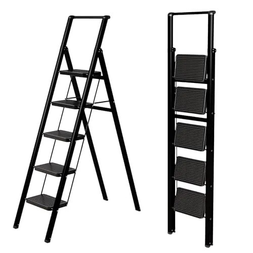 UABA Escalera Plegable 5 peldaños Negra, Resistente y compacta 5 cm, peldaños Anchos Antideslizantes, certificada EN 131, 150 kg