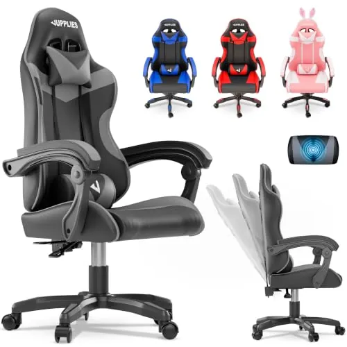 JUPPLIES Silla Gaming Profesional con Masajeador - Silla de Oficina Ergonómica, Altura Regulable y Respaldo Abatible - Silla Gamer (Rojo, Acolchado Arriba, con Reposapiés)