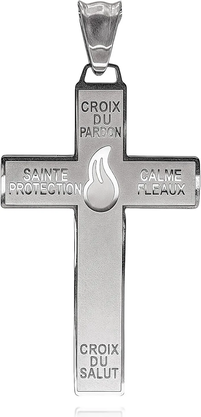 Católica Marie Julie Jahenny de Benedicción con cruz de perdón de protección con llama esmaltada blanca, cruz del perdón, crucifijo de acero inoxidable, cruz del perdón, cruz del perdón en acero