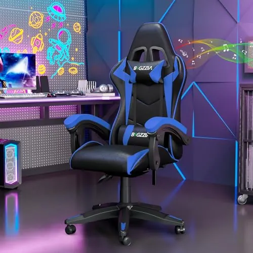 bigzzia Silla Gaming,Silla Ergonómica Gaming,Altura Regulable Silla con Apoyo Lumbar y Reposacabezas, Respaldo Inclinable hasta 155° (NingúN RGB, Azul)