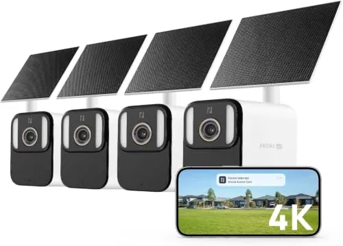 Anona 4K 8MP Cámara Vigilancia WiFi Solar Exterior con Placa Solar(4 Pack) | Detección IA, Visión Nocturna Color, Detección Movimiento Personas/Vehículos, Alarma Luz, Grabación AOV 24/7, 2.4GHz, IP67