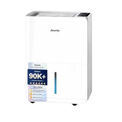 AEOCKY Deshumidificador 25 l/día, Secado de Ropa, Depósito 2,7 l | Para dormitorio, baño y sótano; cubre 200 m³/50 m², drenaje continuo, ruedas, asa y pantalla LED de humedad