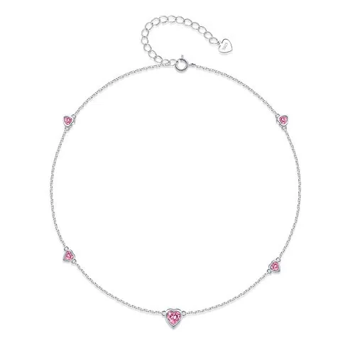 Step Forward Pulseras de Tobillo de Plata Esterlina para Mujeres Joyas de Regalo de Tobillera de Piedra de Nacimiento del Corazón Rosado para Niña