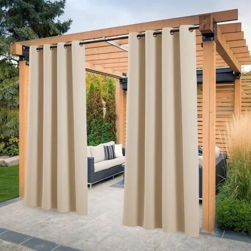 PONY DANCE Cortinas Impermeable para Exterior Porche, Cortinas Opacas con Ojales para Jardin/Terraza/Pergolas, 2 Piezas, 132x243 cm, Beige Oscuro