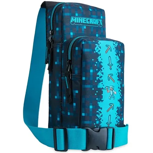Minecraft Bolso Bandolera Niño con Correa Ajustable Riñonera Adolescente Chico para Viaje Teléfono Dinero (Azul)