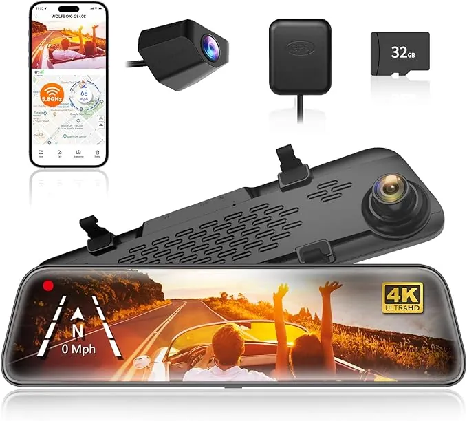 WOLFBOX G840S Cámara de Coche 2160P Full HD 12'', 5.8GHz WiFi, 4K Dashcam con Pantalla táctil Doble Lente, G-Sensor, Grabación en Bucle, Monitor de Aparcamiento, Visión Nocturna, Tarjeta SD de 32 GB