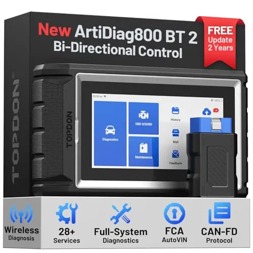 TOPDON ArtiDiag800 BT 2, Herramienta de diagnóstico de Todos los Sistemas, más de 28 Funciones de Mantenimiento, Acceso a la Puerta de Enlace FCA y protocolo Can-FD, diagnóstico inalámbrico Bluetooth