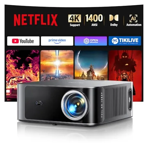 Proyector【1500 ANSI/App Oficial Integrada/36W Dolby】Smart Proyector 4K Compatible con Netflix AI Auto Focus/Keystone, Proyector1080P Nativo WiFi6 Bluetooth5.2 Zoom 50% Cine en Casa/Exterior para Movil