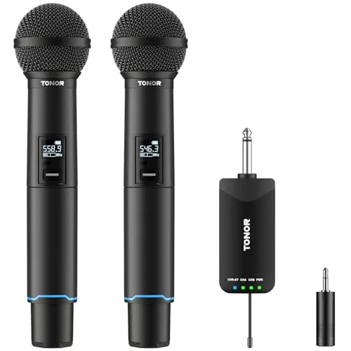 TONOR Micrófono Inalámbricos, Micrófono Metálico Dinámico de Mano Recargable, Receptor de Entrada Bluetooth Auto-Pair, 2x25 Frecuencias UHF,Clic para Silenciar, para Canto/DJ/Boda/Iglesia,100 M, TW720