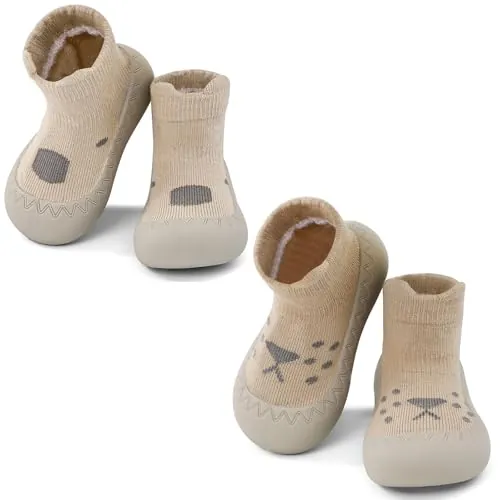 LACOFIA 2 Pares Zapatos Primeros Pasos Calzado Bebé Niños Niñas Zapatillas Calcetines Antideslizantes Bebé con Suela de Goma Caqui+Café 18-24 Meses