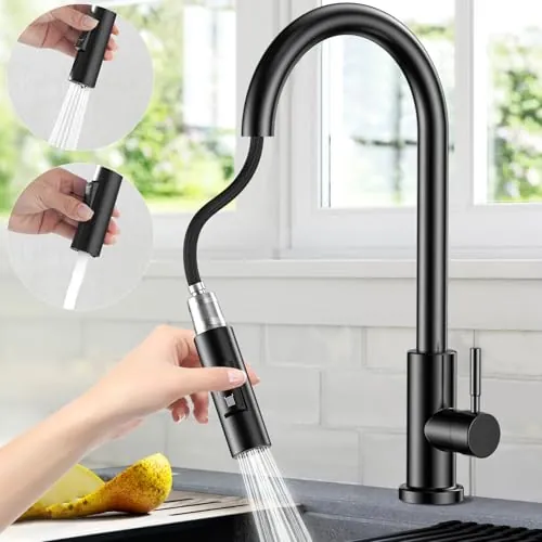 Grifo Cocina Extraible,Grifos Cocina Fregadero con 2 Modos de Flujo de Agua, Giratorio 360° Grifos Cocina Fregadero,Agua Frío y Calor Disponibles, Acero Inoxidable -Negro mate