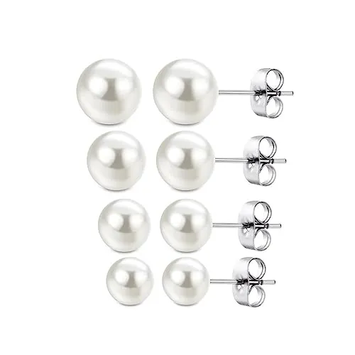 PLABBDPL 4 Pares Pendientes de Perlas de Plata 925 Cuentas de Perlas Pendiente de Gota para Las Mujeres Blanco Perlas de Agua Dulce Joyería del oído 4mm /6mm / 8mm / 10mm
