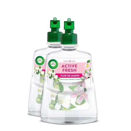 Air Wick Active Fresh Spray Automatico Sin Aerosol - 2 Recambios de ambientador para casa con Flor de Jazmín, 2 veces más aceites esenciales