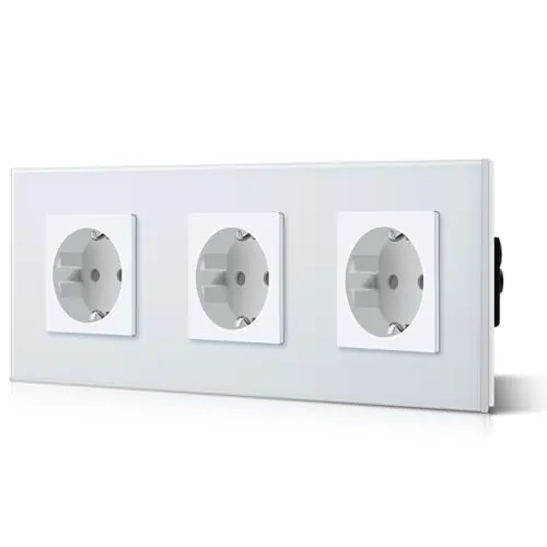 BSEED Enchufe de Pared con Cristal,Enchufes Empotrable Estándar,Schuko Enchufe Simple 16A 250V,Toma de Corriente para Cocina,Dormitorio,Oficina,Hotel,M Serie,3 Enchufes,228mm Blanco