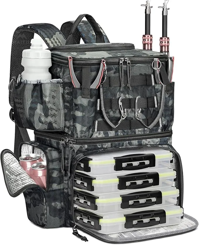 MATEIN Mochila Pesca con 4 Cajas de Aparejos y Soporte para Caña, Impermeable Mochila de Pesca con Brújula de Seguridad y Compartimento Isotérmico, Regalo para Pescadores, Camuflaje