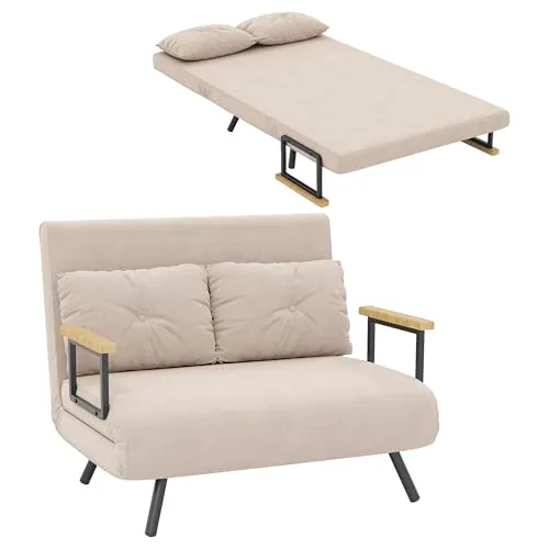 HOMCOM Sofá Cama de 2 Plazas 4 en 1, Sofá Cama Plegable Tapizado en Terciopelo con Respaldo Ajustable de 5 Niveles y Almohadas Acolchadas, para Oficina, Dormitorio, Salón, 102x73x81 cm, Beige