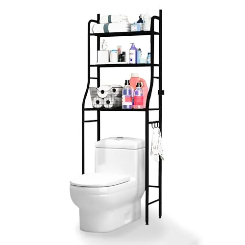 JUPPLIES Estanteria Baño sobre Inodoro (47×26×153 cm) - Mueble Baño WC de 3 Niveles con Patas Regulables y Soporte Antivuelco - Estante de Almacenamiento Impermeable, Organizador para Toallas - Negro